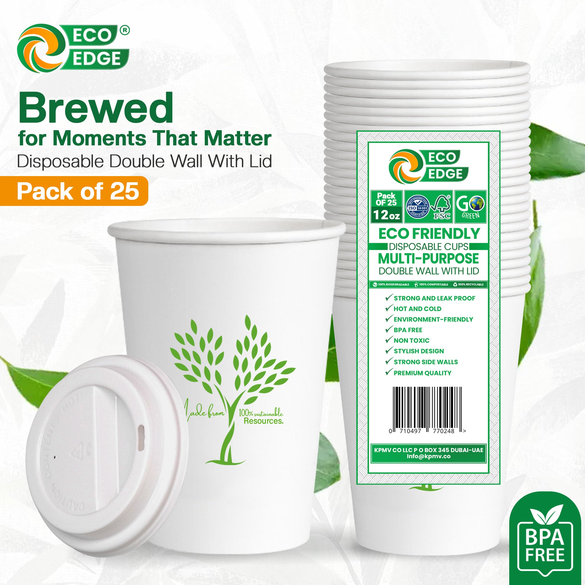 EcoEdge 12 Oz Disposable Heavy-Duty Insulated Party Paper Cups with Lid | 100% Organic