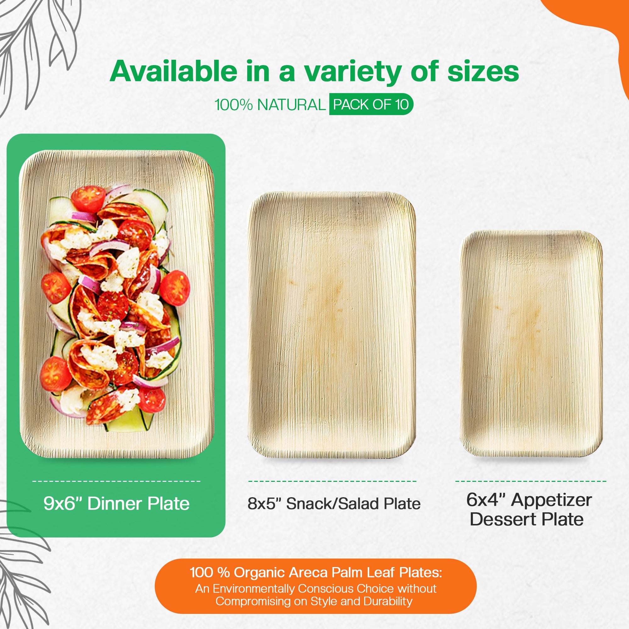 EcoEdge 9x6 Inch Rectangle Areca Palm Leaf Plates | 100% Natural