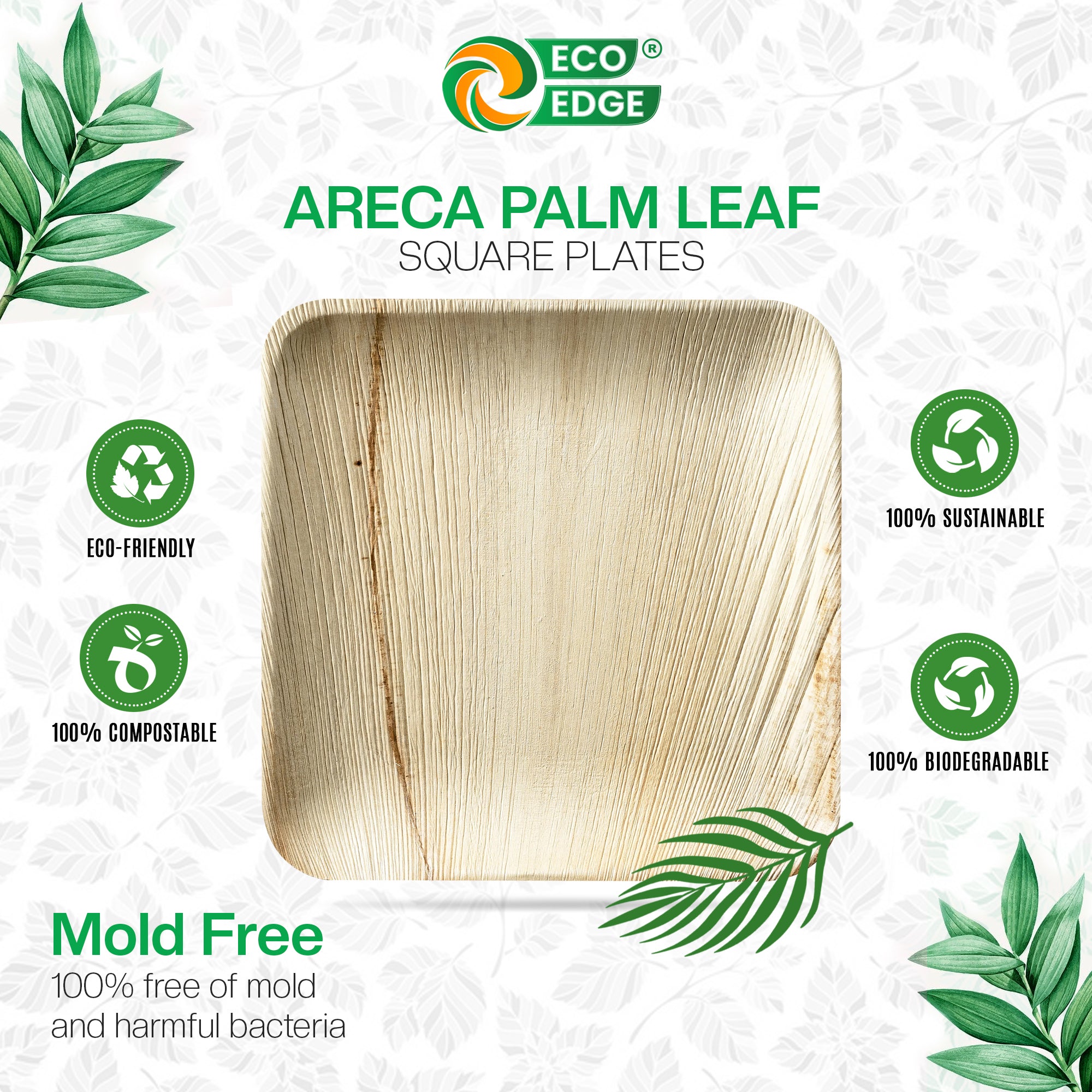 EcoEdge 10 Inch Square Areca Palm Leaf Plates | 100% Zero Waste