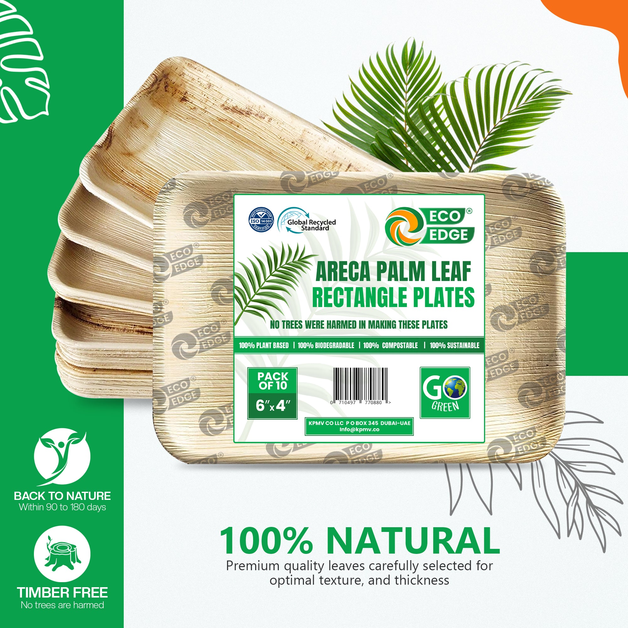 EcoEdge 6x4 Inch Rectangle Areca Palm Leaf Plates | 100% Biodegradable