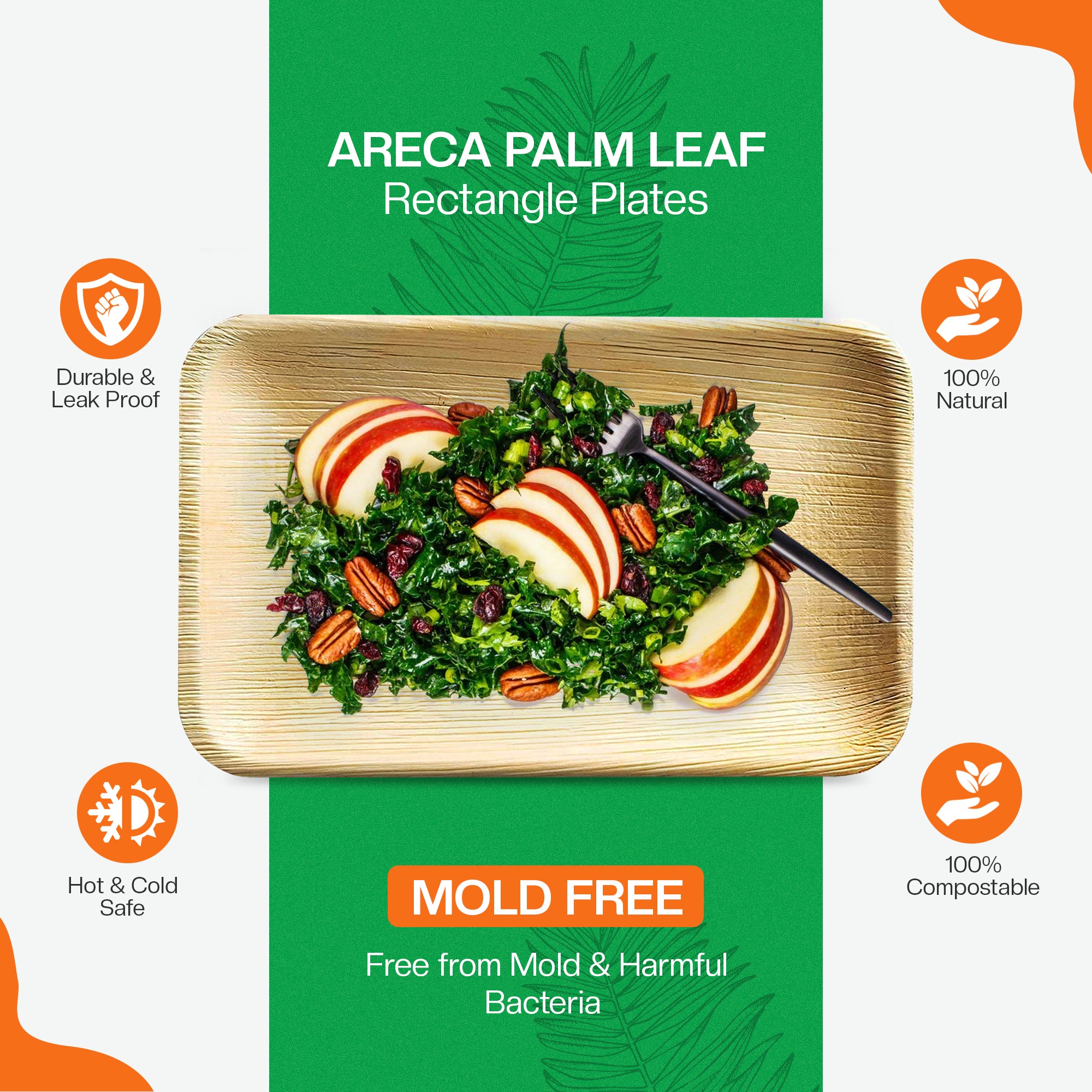 EcoEdge 9x6 Inch Rectangle Areca Palm Leaf Plates | 100% Natural