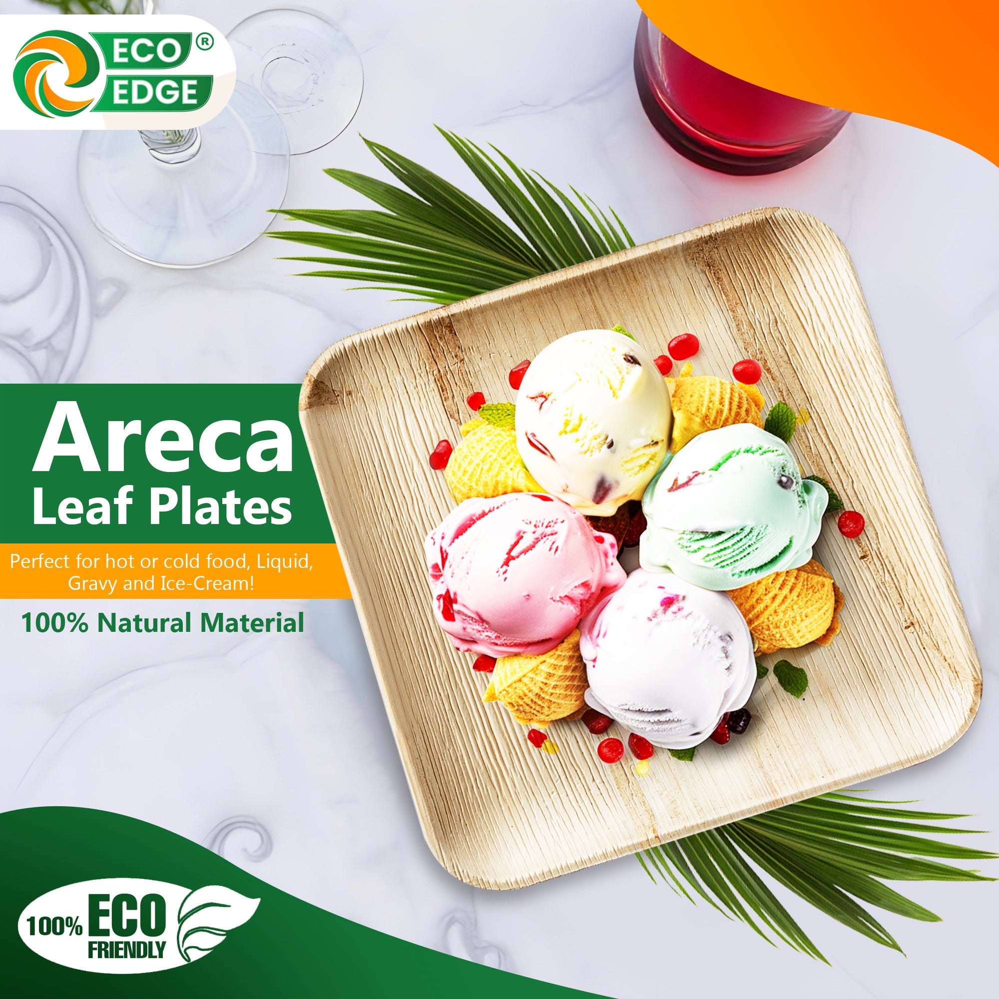 EcoEdge 8 Inch Areca Palm Leaf Square Plates | 100% Biodegradable