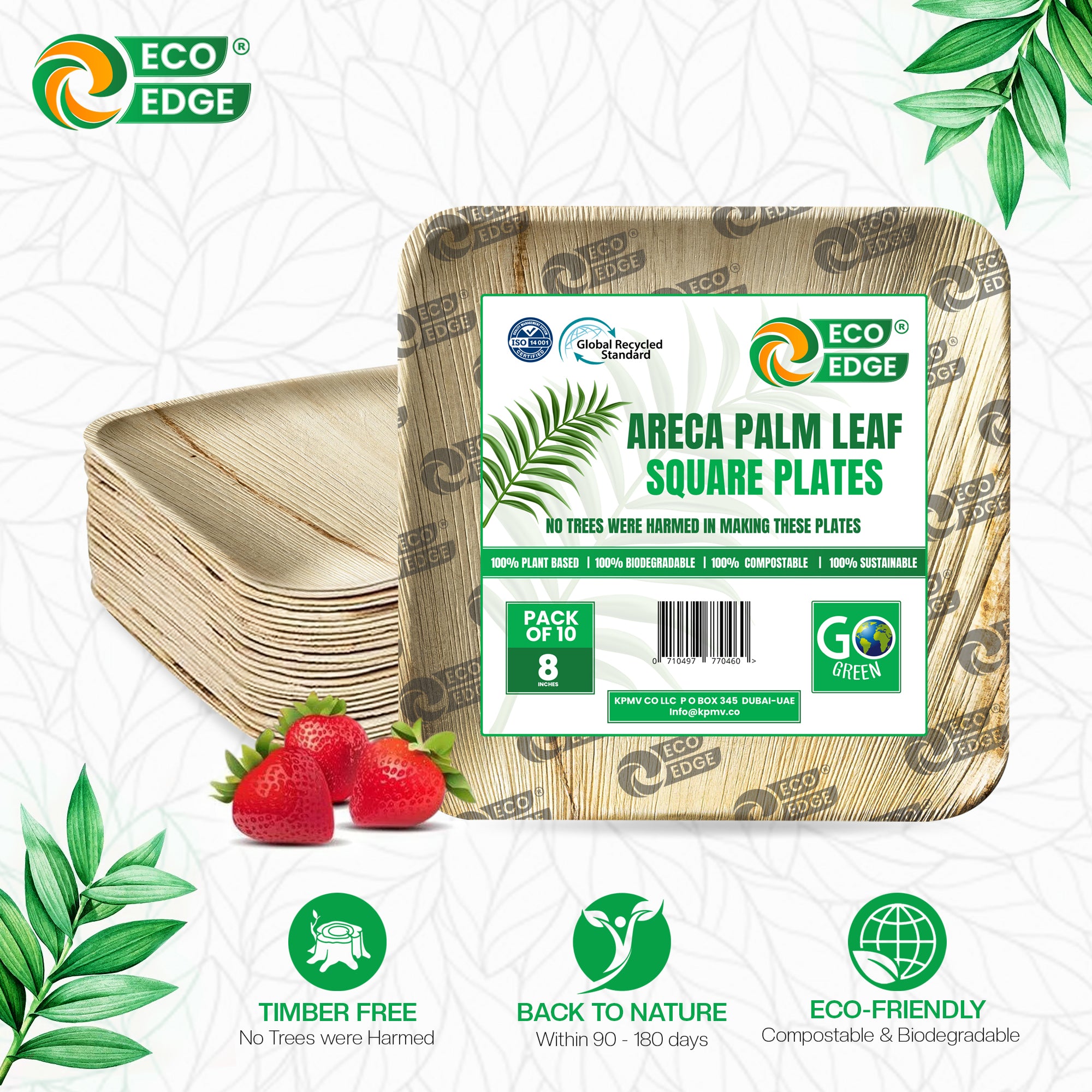EcoEdge 8 Inch Areca Palm Leaf Square Plates | 100% Biodegradable
