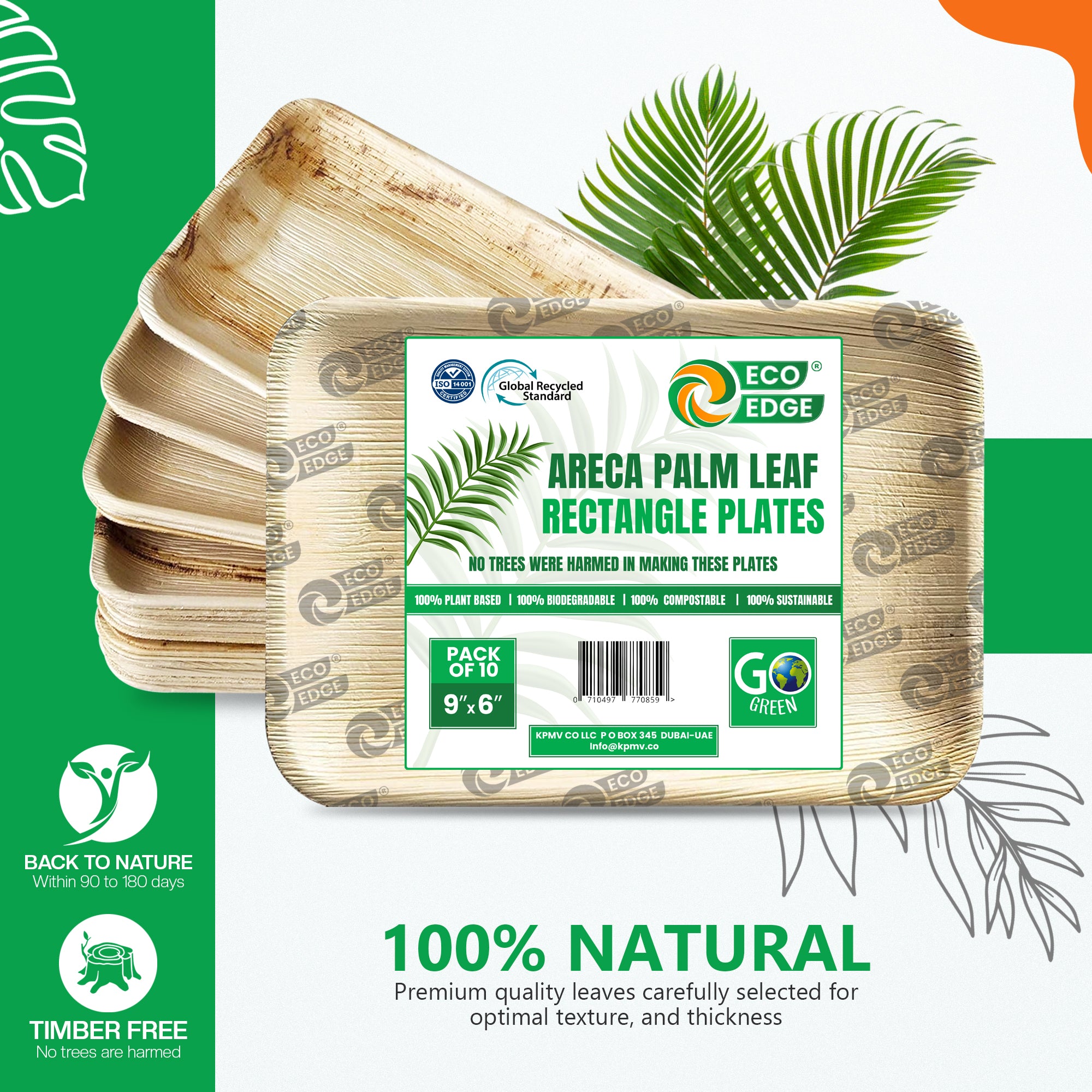 EcoEdge 9x6 Inch Rectangle Areca Palm Leaf Plates | 100% Natural