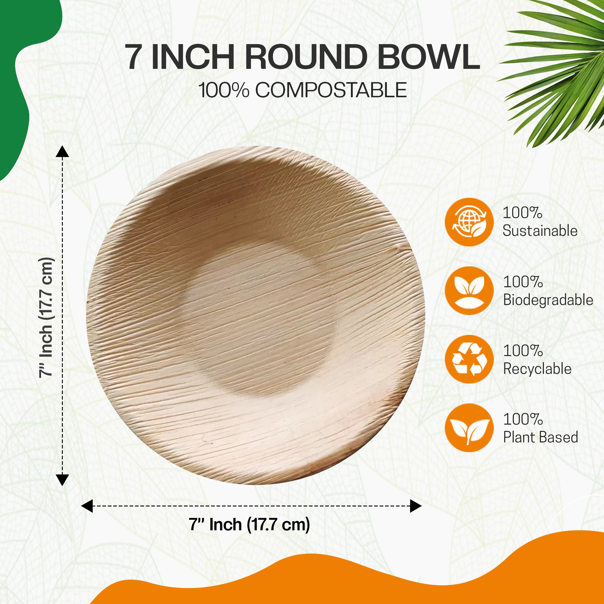 EcoEdge 7 Inch Round Palm Leaf Bowls | 100% Natural