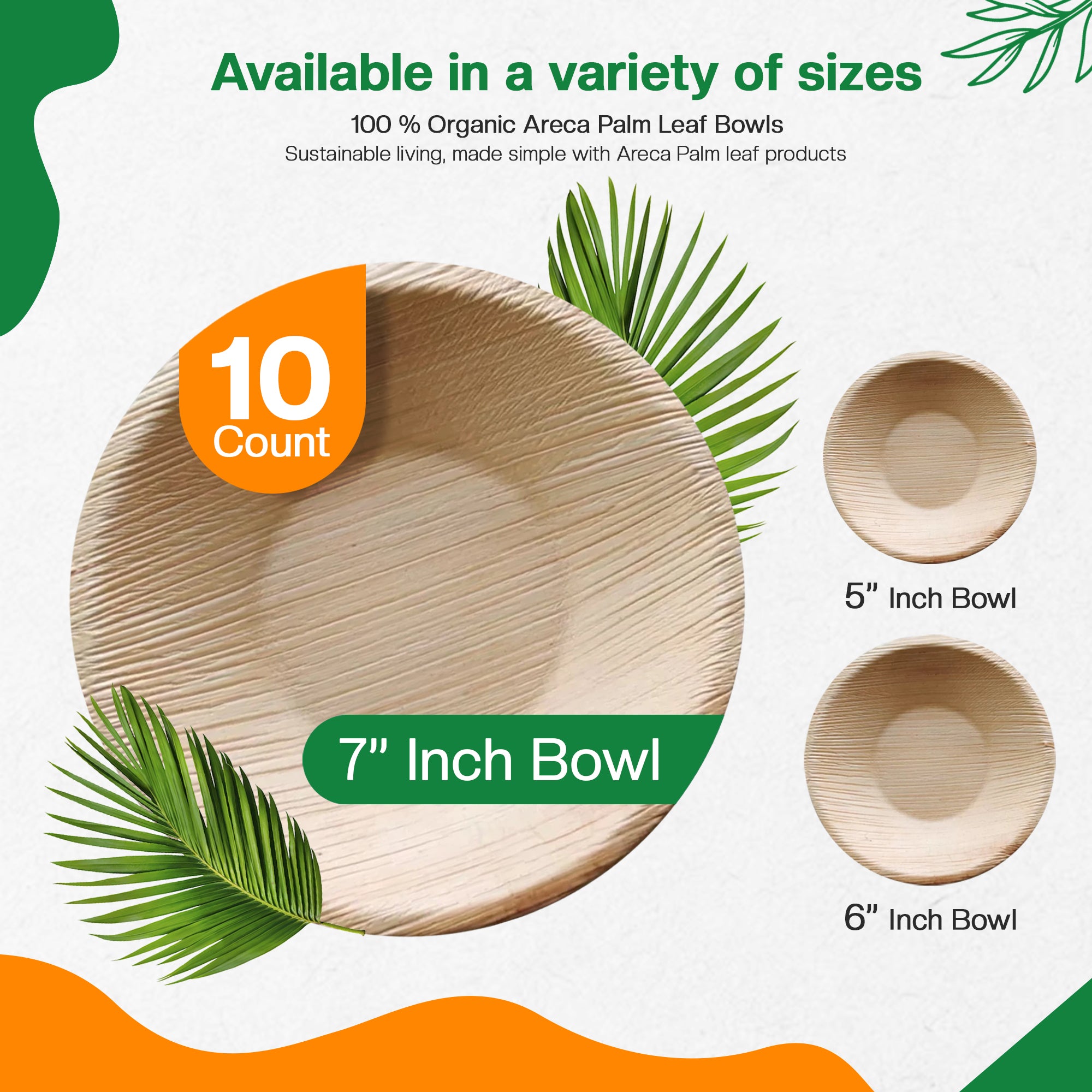 EcoEdge 7 Inch Round Palm Leaf Bowls | 100% Natural